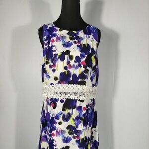 Kensie Womens Blue Purple Floral Watercolor Shift Dress Crochet Lace Waist Med